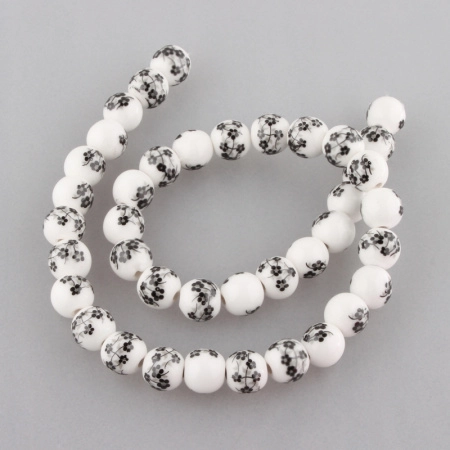 Бусина фарфоровая, 8мм, круглая, белая с черными цветами, 39 шт., низка