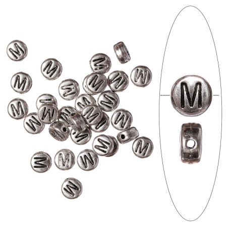 Бусина металлическая, 7х4мм, буква M, базовый материал - цинковый сплав, серебристая с чернением, 10 шт.