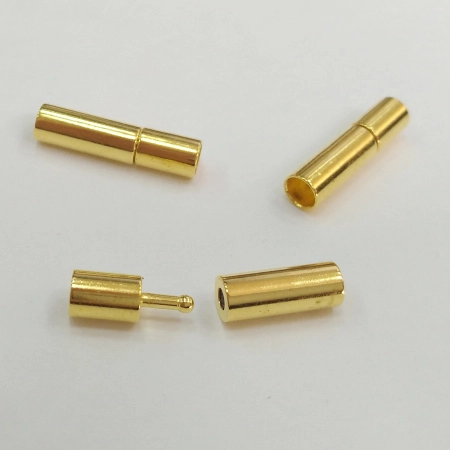 Застежка-концевик, 16х4мм (внутренний размер 3мм), кнопка-цилиндр с силиконовой вставкой, базовый материал - латунь, золотистого цвета, 5 шт.