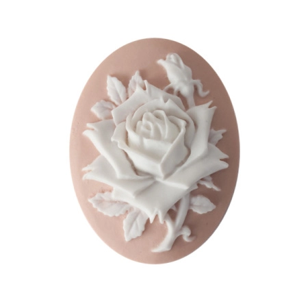 Камея акриловая, 40х30мм, роза, белая на розовом, 1 шт., УЦЕНКА