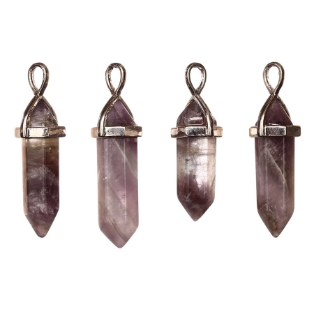 Подвеска каменная, 40х13х11мм, в форме кристалла, базовый материал - камень, аметист с держателем стального цвета, 1 шт.