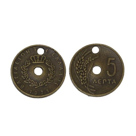 Подвеска, 19мм, монета греческая, базовый материал - цинковый сплав, бронзовая, 1 шт.