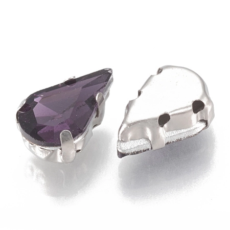 Стразы стеклянные в оправе, 13х8мм, пришивной, форма удлиненная капля, фиолетовый, оправа стального цвета, 5 грамм