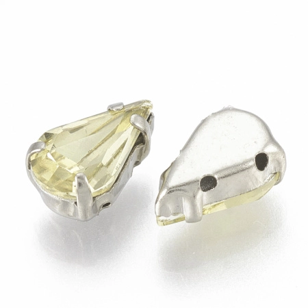 Страз стеклянный в оправе, 13х8мм, пришивной, форма удлиненная капля, светло-желтый, оправа стального цвета, 5 грамм