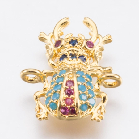 Коннектор, 17х13.5х3мм, Milano, насекомое, Жук-олень, с разноцветными фианитами, базовый материал - латунь, под золото, 1 шт.