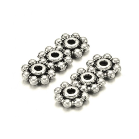 Разделитель, 15х6х2мм, цветочки, на 3 отверстия, базовый материал - цинковый сплав, стиль тибетское серебро, 50 шт.