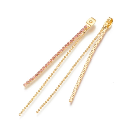 Застежка для моносерьги, 47х5мм, Водопад, с розовыми стразами, базовый материал - латунь, позолоченная, 1 шт.
