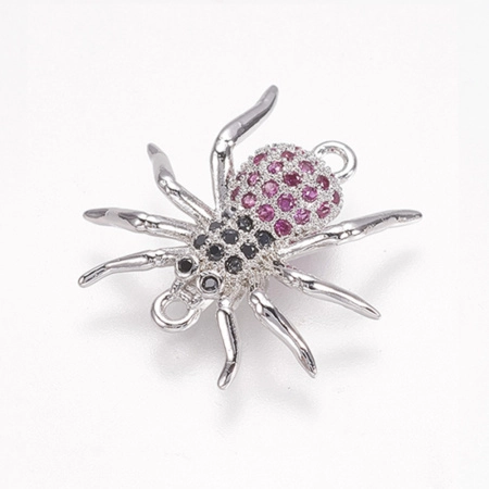 Коннектор, 17.5х17х4мм, Milano, насекомое, Паук, с черными и малиновыми фианитами, базовый материал - латунь, под родий, 1 шт.