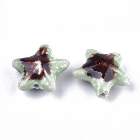 Бусина керамическая, 38х36х15мм, морская звезда, светло-зелёная с сине-голубым и бордовым, 1 шт., УЦЕНКА