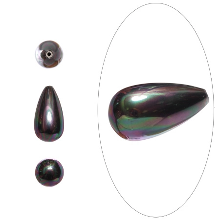 Бусина из ракушки, 16х8мм, полупросверленная, капля, жемчуг Майорика, цвет черный ирис, 2 шт., УЦЕНКА