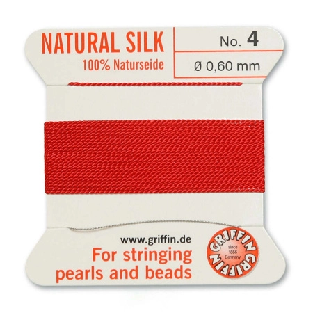 Нить шелковая, Griffin No.4 (0.6мм), красная, с иглой, моток, 2 метра