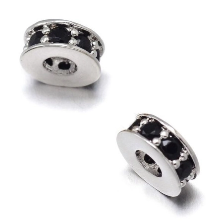Бусина металлическая, 7х3мм, Milano, Рондель, с крупным отверстием, с черными фианитами, базовый материал - латунь, под родий, 1 шт.