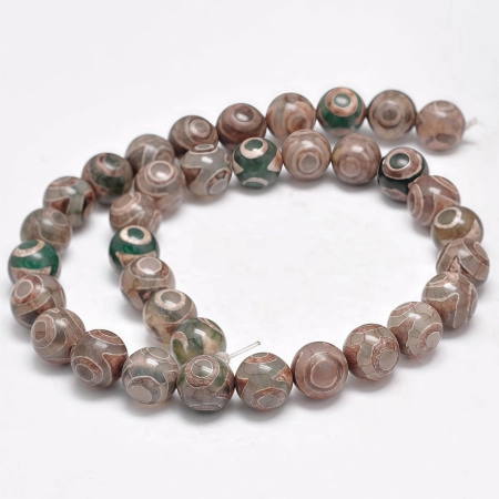 Бусины каменные, агат Дзи, 3 глаза, 10мм, в серых, бежевых и зеленых тонах, 34 шт., низка