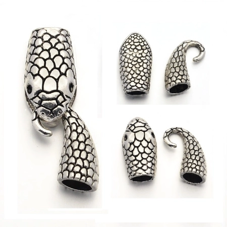 Застежка-концевик, 36х12мм (внутренний размер 6.5мм), крючок с ответной частью, змея, базовый материал - цинковый сплав, стиль тибетское серебро, 1 шт.