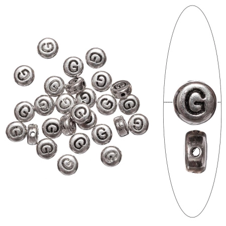 Бусина металлическая, 7х4мм, буква G, базовый материал - цинковый сплав, серебристая с чернением, 10 шт.