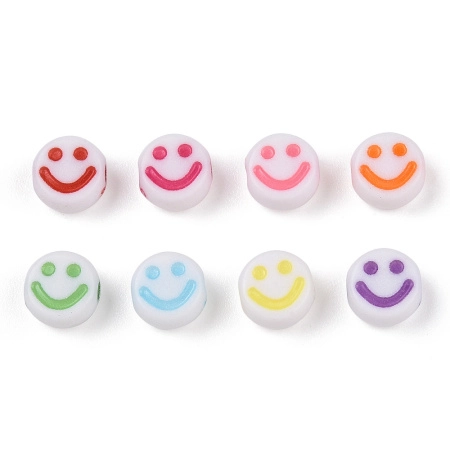 <p>Бюджетные плоские двусторонние бусины из акрила белого цвета с цветными смайликами (улыбающимися рожицами). Круглые бусины-подушечки размером примерно 7*3.5-4 мм, диаметр отверстия - около 1.1 мм. Отлично сочетаются с бусинами-буквами, подходят для создания браслетов, чокеров, брошей, тегов. Оттенок может отличаться от фотографии и в разных поставках. В наборе могут быть не все цвета, представленные на фотографии, также могут попадаться цвета, не представленные на фотографии. Цена за упаковку 30 грамм (около 220 бусин, фасуются без проверки на дефекты и без подбора по цвету).</p>