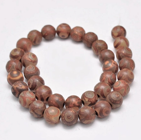 Бусины каменные, агат Дзи, 3 глаза, 10мм, коричневые с серо-бежевым, матовые, 34 шт., низка