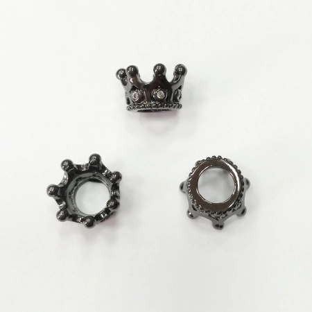 Бусина металлическая, 11х7мм, Milano, Корона, базовый материал - латунь, с кристально-прозрачными фианитами, вороненая сталь, 1 шт.