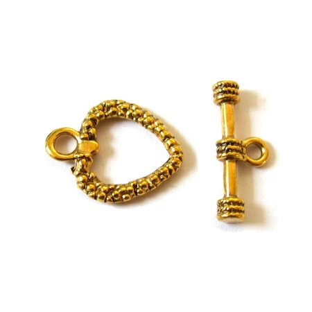 Застежка, 19х16мм, тогл, узорное сердце, базовый материал - цинковый сплав, золотистое с чернением, 1 шт., УЦЕНКА