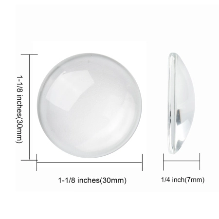 <p>
 Круглый стеклянный прозрачный кабошон, толщина 7-8 мм. Диаметр примерно 30 мм. Хорошо смотрится в рамке с подложенной под него картинкой или фотографией. На кабошонах возможны царапинки, пузырьки, потёртости. Цена за 40 грамм (около 6 штук, фасуются без проверки на дефекты).
</p>