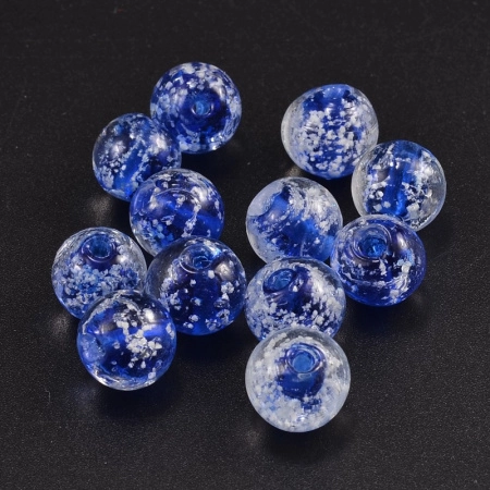 Бусина лэмпворк, 10мм, прозрачная с синей сердцевиной и белыми крапинками, светящаяся в темноте, 1 шт.