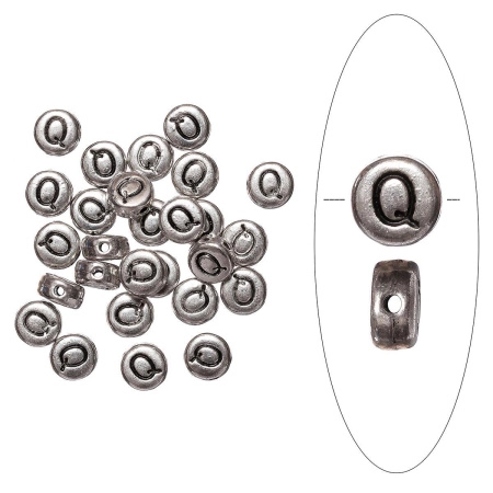 Бусина металлическая, 7х4мм, буква Q, базовый материал - цинковый сплав, серебристая с чернением, 10 шт.