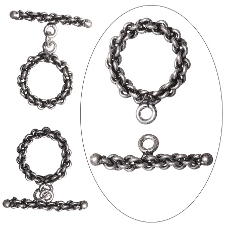 Застежка, 22х19мм, Индия, тогл, канатный, базовый материал - латунь, посеребренный с чернением, 2 шт.