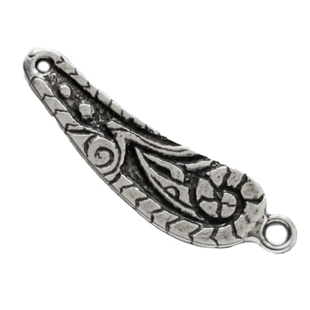 Коннектор, 62х17х2мм, Историческая коллекция, огурец Пейсли правый, с петелькой и отверстием, базовый материал - цинковый сплав, посеребренный с чернением, 2 шт.
