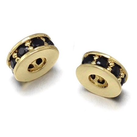 Бусина металлическая, 7х3мм, Milano, Рондель, с крупным отверстием, с черными фианитами, базовый материал - латунь, под золото, 1 шт.