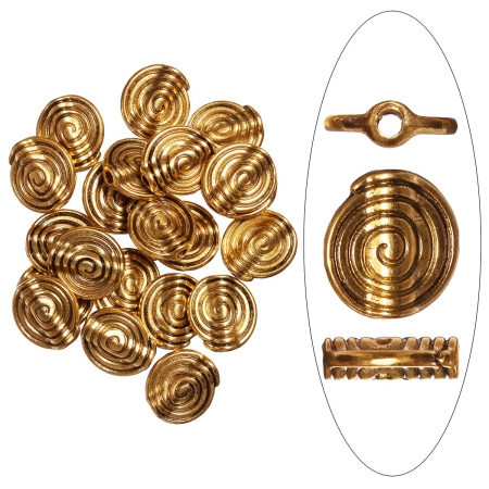 <p>
Плоская, слегка изогнутая бусина в форме спирали. Изготовлена из бижутерного сплава с золотистым покрытием с чернением. Оттенок может отличаться от фотографии и в разных поставках. Размер отверстия около 1.2 мм. Цена за 10 грамм (около 12 штук, фасуются без проверки на дефекты).
</p>