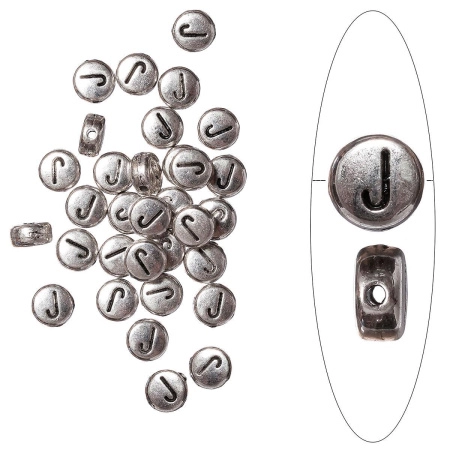 Бусина металлическая, 7х4мм, буква J, базовый материал - цинковый сплав, серебристая с чернением, 10 шт.