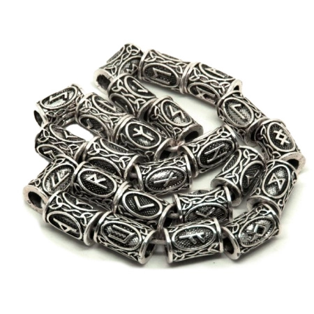 <p>Металлические бусины - трубочки с изображением скандинавских рун. В комплекте 24 уникальных бусины, полный Старший футарк. Сделаны из металлического сплава с покрытием под серебро с чернением. Отверстие около 5.5 мм. Оттенок может отличаться от фотографии и в разных поставках. Цена за 1 набор.</p>