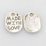 <p>Односторонняя металлическая подвеска-тег с надписью "Made with love" (сделано с любовью). На покрытии возможны неровности. Оттенок может отличаться от фотографии и в разных поставках. Цена за 50 шт.</p>