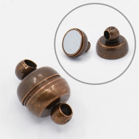 Застежка, 11х7мм, магнитная, бочонок, базовый материал - латунь, античная медь, 5 шт.