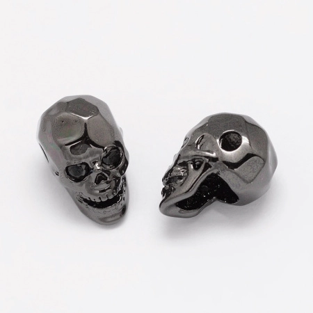 Бусина металлическая, 12х9х7.5мм, Milano, Череп граненый с черными фианитами, базовый материал - латунь, вороненая сталь, 1 шт.
