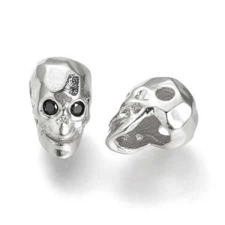 Бусина металлическая, 12х9х7.5мм, Milano, Череп граненый с черными фианитами, базовый материал - латунь, под родий, 1 шт.