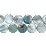<p>Круглые бусины-пластинки из натурального тонированного перламутра приглушённого зеленовато-сине-голубого цвета. На бусинах есть темные пятна, возможны щербинки естественного происхождения. Бусины могут немного отличаться по форме и размеру. Оттенок может отличаться от фотографии и от партии к партии. Цена за 1 низку длиной около 36 см (примерно 25 бусин, низки формируются без проверки каждой бусины на дефекты).</p>