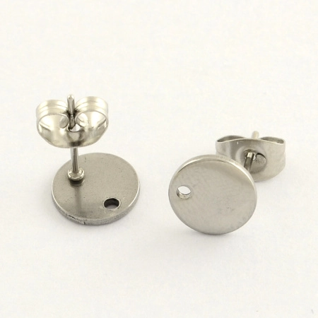 Пусеты, 8мм, гладкий круг с отверстием, с застежками, базовый материал - нержавеющая сталь, без покрытия, 2 пары