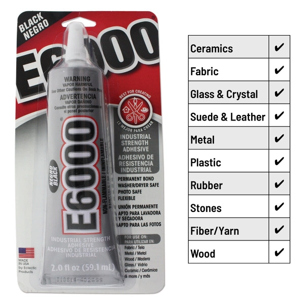 <p>
Универсальный <b>ЧЕРНЫЙ</b> клей E-6000. Клей оригинальный, произведен в США. Используется для ткани, металла, дерева, стекла, керамики и других материалов в любом сочетании. Клей довольно густой, удобен в работе. Почтой отправляется только по предоплате. Цена за 1 тюбик 59.1 мл (2 fl. oz.).
</p>