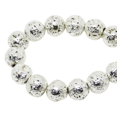 <p>Круглые каменные бусины из натуральной вулканической лавы (вулканического туфа), с гальваническим металлическим покрытием светло-серебристого цвета. Оттенок может отличаться от фотографии. Бусины могут немного отличаться по форме и размеру. Цена за низку 37 см (около 45 бусин, низки формируются без проверки каждой бусины на дефекты).</p><p>ВНИМАНИЕ: покрытие не очень стойкое, рекомендуется покрывать лаком или использовать в украшениях, где на бусины не приходится трение.</p>