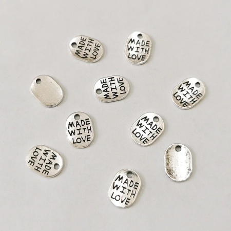 Подвеска, 11х8мм, тег Made with love (сделано с любовью), базовый материал - цинковый сплав, стиль тибетское серебро, 50 шт.