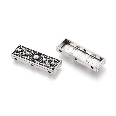 <p>
Разделитель-планка для многорядных браслетов или колье. На три отверстия, односторонний. Разделитель подходит для бусин до 10 мм включительно (расстояние между отверстиями составляет около 10 мм). Стиль "тибетское серебро". Оттенок может отличаться от фотографии и в разных поставках. Цена за 10 шт.
</p>