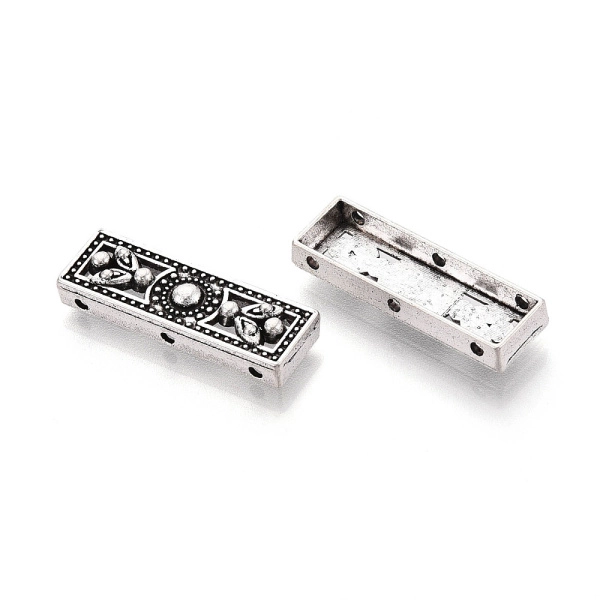 <p>
Разделитель-планка для многорядных браслетов или колье. На три отверстия, односторонний. Разделитель подходит для бусин до 10 мм включительно (расстояние между отверстиями составляет около 10 мм). Стиль "тибетское серебро". Оттенок может отличаться от фотографии и в разных поставках. Цена за 10 шт.
</p>