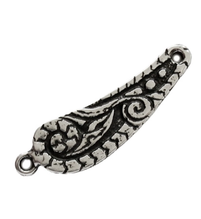 Коннектор, 62х17х2мм, Историческая коллекция, огурец Пейсли левый, с петелькой и отверстием, базовый материал - цинковый сплав, посеребренный с чернением, 2 шт.
