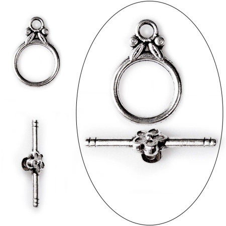 Застежка, 21х14мм, тогл, цветочек с листиками, базовый материал - оловянный сплав, стиль тибетское серебро, 1 шт.