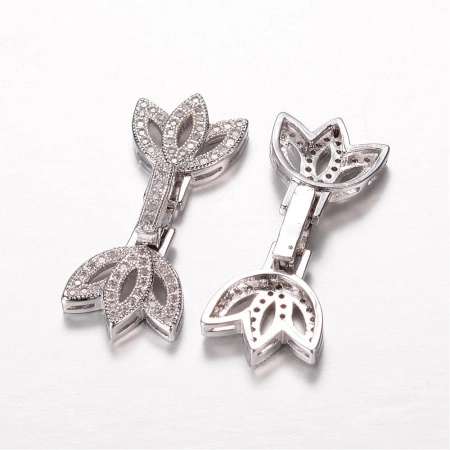 Застежка, 31.5х12.5х5мм, Milano, защелкивающаяся, Лотос, на одну-три нити, с фианитами, базовый материал - латунь, под родий, 1 шт.