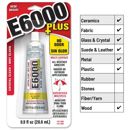 <p>
Новая усовершенствованная формула популярного американского клея E6000. Клей оригинальный, произведен в США. Универсальный прозрачный клей Е6000 Plus (Е6000 Плюс) пахнет не так сильно, как стандартный клей, является водостойким. Подходит для ткани, металла, дерева, стекла, керамики, фольгированных кристаллов и многих других материалов в разных сочетаниях. Клей довольно густой, удобен в работе при создании бижутерии. Цена за 1 тюбик 26.6 мл (0.9 fl. oz.).
</p>