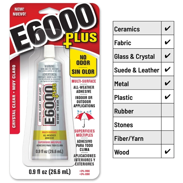 <p>
Новая усовершенствованная формула популярного американского клея E6000. Клей оригинальный, произведен в США. Универсальный прозрачный клей Е6000 Plus (Е6000 Плюс) пахнет не так сильно, как стандартный клей, является водостойким. Подходит для ткани, металла, дерева, стекла, керамики, фольгированных кристаллов и многих других материалов в разных сочетаниях. Клей довольно густой, удобен в работе при создании бижутерии. Цена за 1 тюбик 26.6 мл (0.9 fl. oz.).
</p>