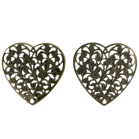 Подвеска, 45х45мм, тонкое резное сердце, базовый материал - железо, бронзовое, 1 шт., УЦЕНКА