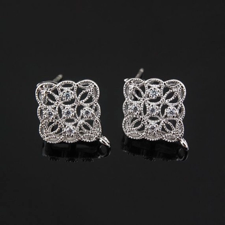 Пусеты, 14х11.5мм, Корея, Ажурный ромб с фианитами, с петелькой, с застежками, базовый материал - серебро/латунь, под родий, пара